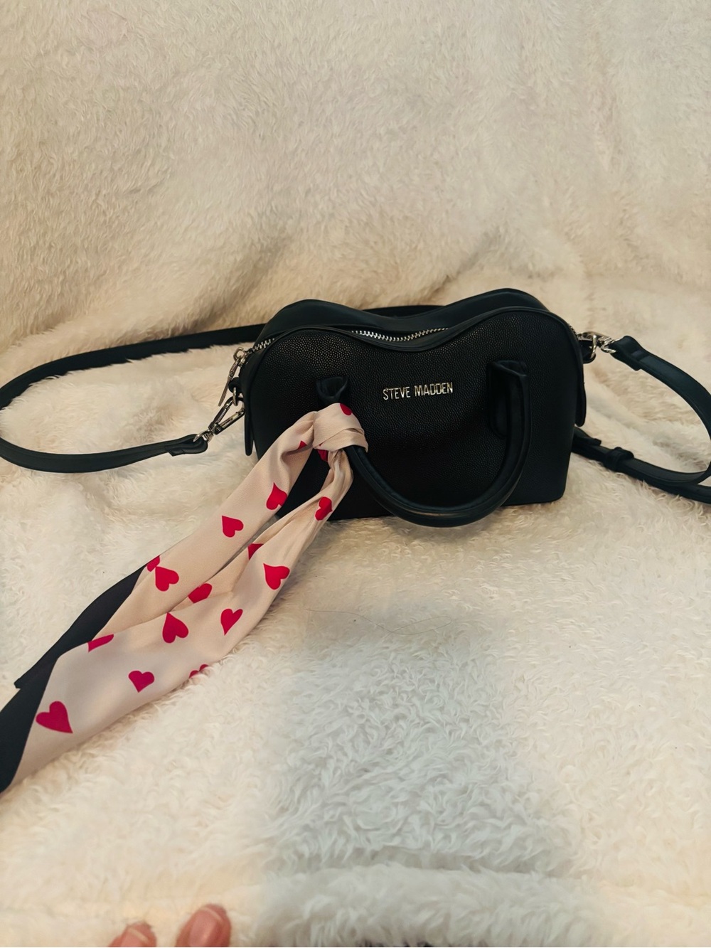 Steve Madden Black Crossbody with Heart-Print Scarf Accent